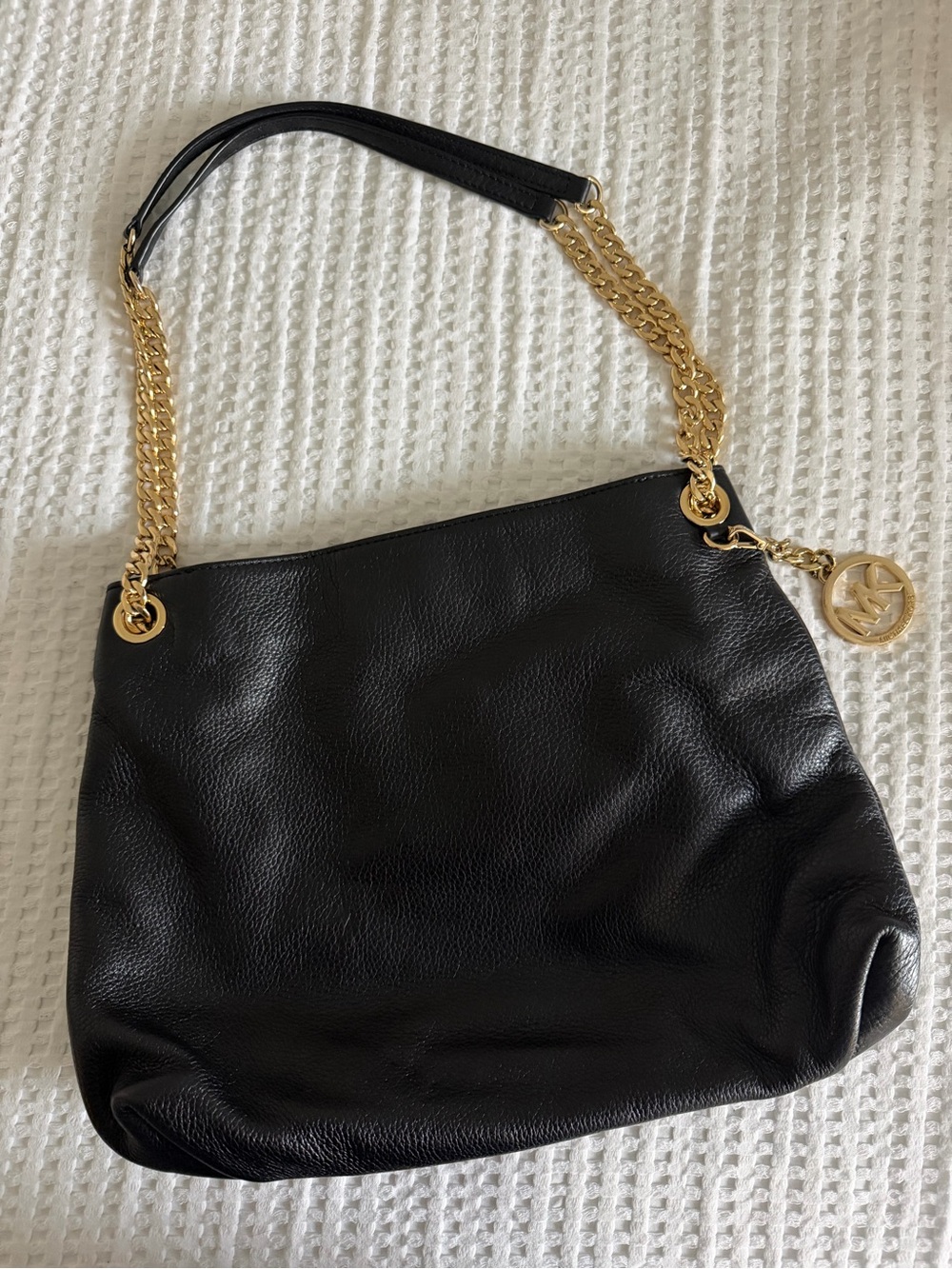 Michael Kors Black Leather Hobo Shoulder Bag with Gold Chain